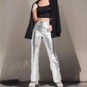 Wild Fable Women's Sz 2 Pants Silver Metallic High Rise Flare Faux Leather